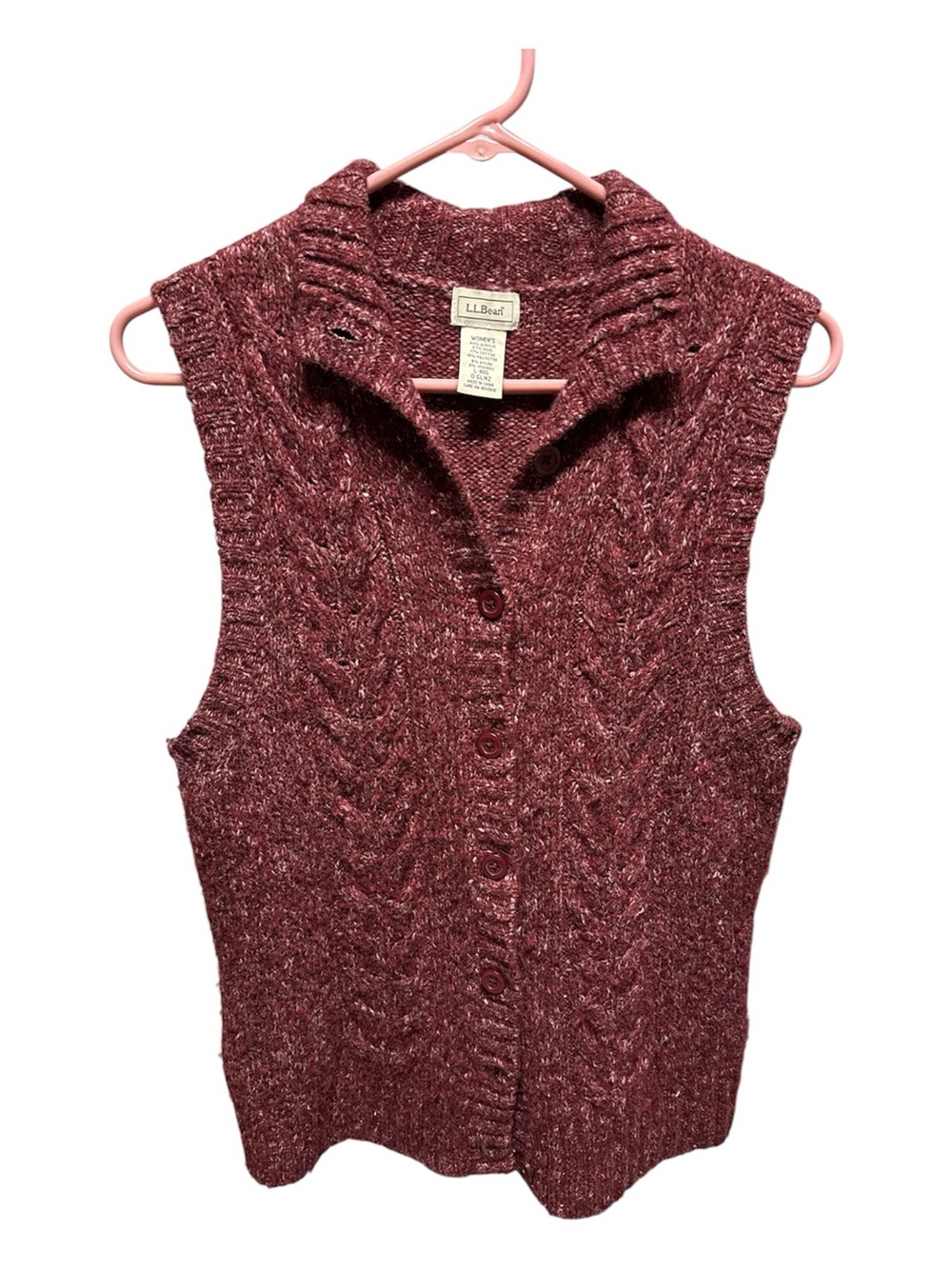 L.L.Bean Cable Knit Sweater Vest Large Burgundy Marled Wool Blend Button Front